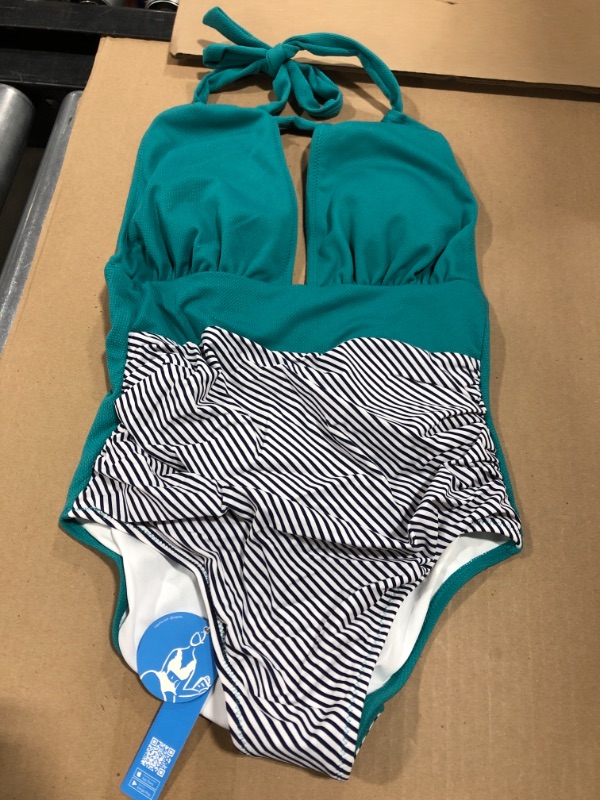 Photo 2 of Aqua Textured And Striped Halter One Piece Swimsuit SIZE XS 
