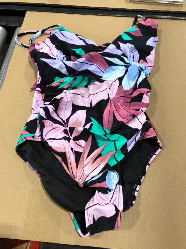 Photo 2 of Tropicool Leaf Double Strap Side Shirred One Piece Swimsuit SIZE L 
