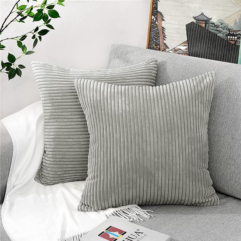 Photo 1 of BUHUA Grey Pillow Covers,18x18 Pillow Covers Decorative,Corduroy Soft Solid Striped Throw Pillows Covers for Couch,2 Pack,Light Grey
