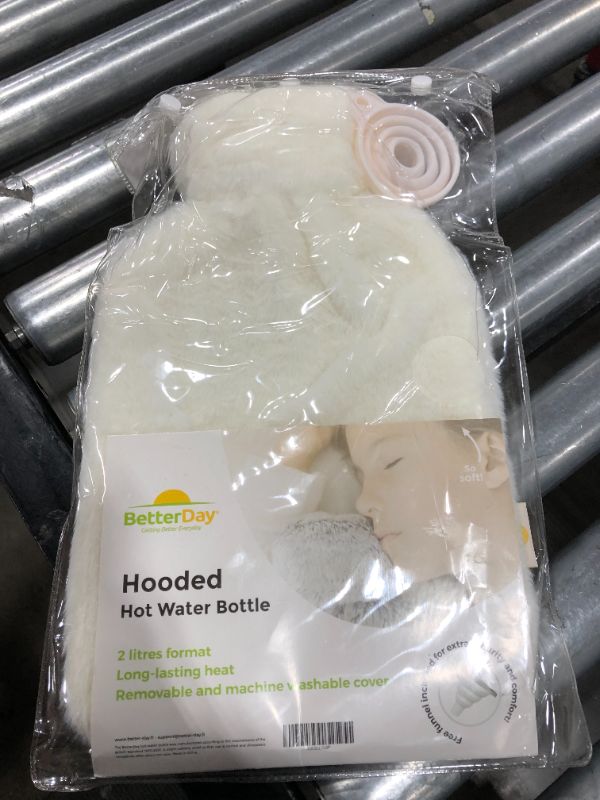 Photo 2 of [New!] BetterDay® Hooded Hot Water Bottle™ - Hot Water Bottle with Cover British Standard 1970:2012 Natural Rubber and Removable Cover - 2 Litre Large Hot Water Bottle with Soft Fluffy Cover (White)
