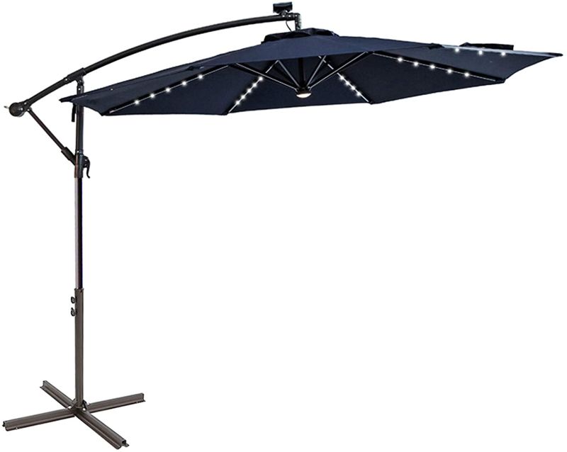 Photo 1 of C-Hopetree 10 ft Offset Cantilever Outdoor Patio Umbrella with Solar LED Lights and Cross Base Stand, Navy Blue
