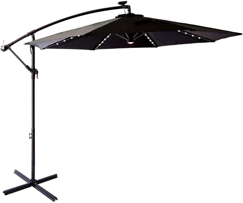 Photo 1 of C-Hopetree 10 ft Offset Cantilever Outdoor Patio Umbrella with Solar LED Lights and Cross Base Stand, Black
