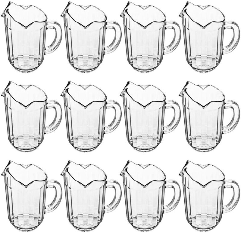 Photo 1 of (Set of 12) 1 Quart Plastic Water Pitcher, 32-Ounce Clear Polycarbonate Beverage Pitcher with 3 Spouts, Water Pitchers for Restaurant by Tezzorio
