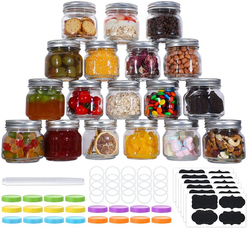 Photo 1 of 20 Pcs Mason Jars 8 Oz, Regular Mouth Glass Canning Jars With Silver Metal Airtight Lids And Bands, Colored Lids, Chalkboard Labels And Marker For Preserving, Jam, Jelly, Honey, Favors, Decorating
