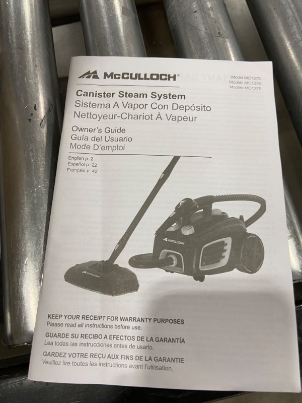 Photo 3 of McCulloch MC1375 Canister Steam Cleaner with 20 Accessories, Extra-Long Power Cord, Chemical-Free Cleaning for Most Floors, Counters, Appliances, Windows, Autos, and More, 1-(Pack), Black
