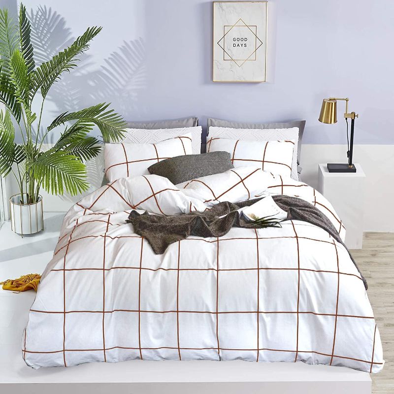 View 1 of Wellboo White Plaid Comforter Sets Queen Grid Checkered Bedding Cotton Women Men White and Pumpkin Buffalo Check Grid Comforters Full Boys Girls Teen Modern Gingham Quilts Geometric Large Plaid Bed