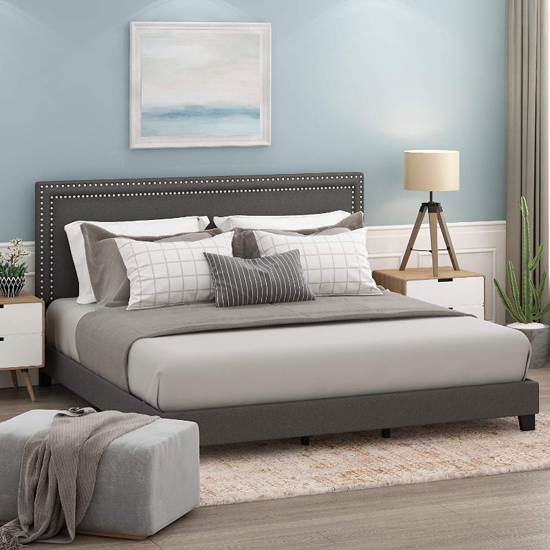 Photo 1 of Furinno Laval Double Row Nail Head Upholstered Platform Bed Frame, King, Stone
