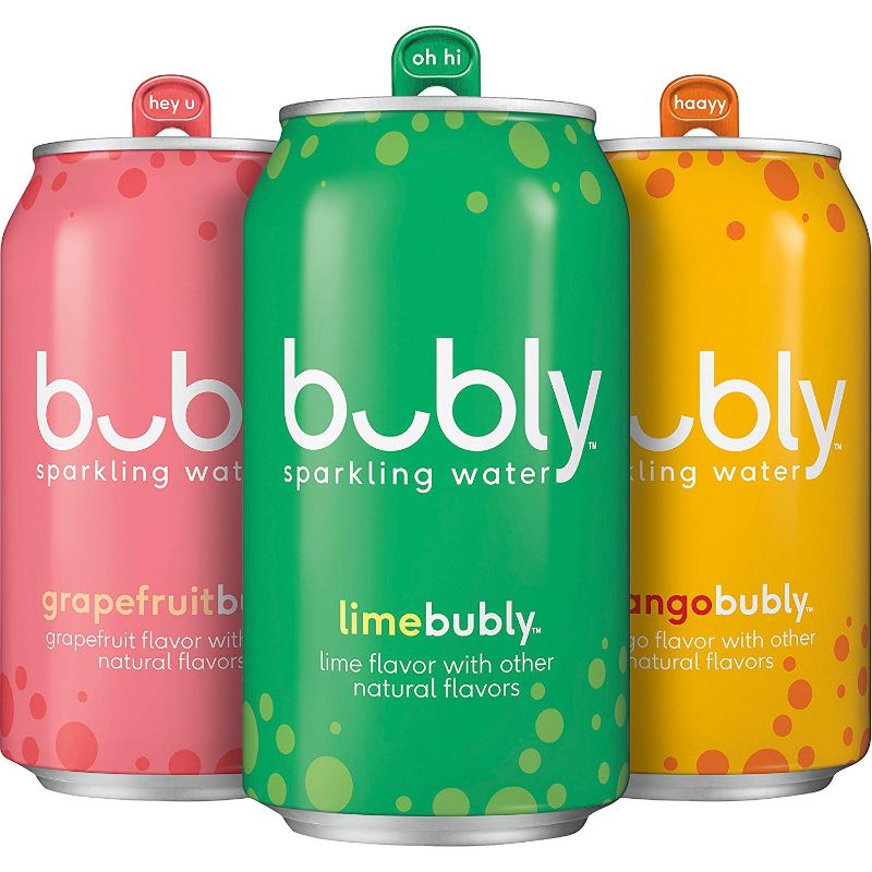 Photo 1 of bubly Sparkling Water, Tropical Thrill Variety Pack, 12 fl oz Cans (18 Pack)
( BEST BY 04/2022 )