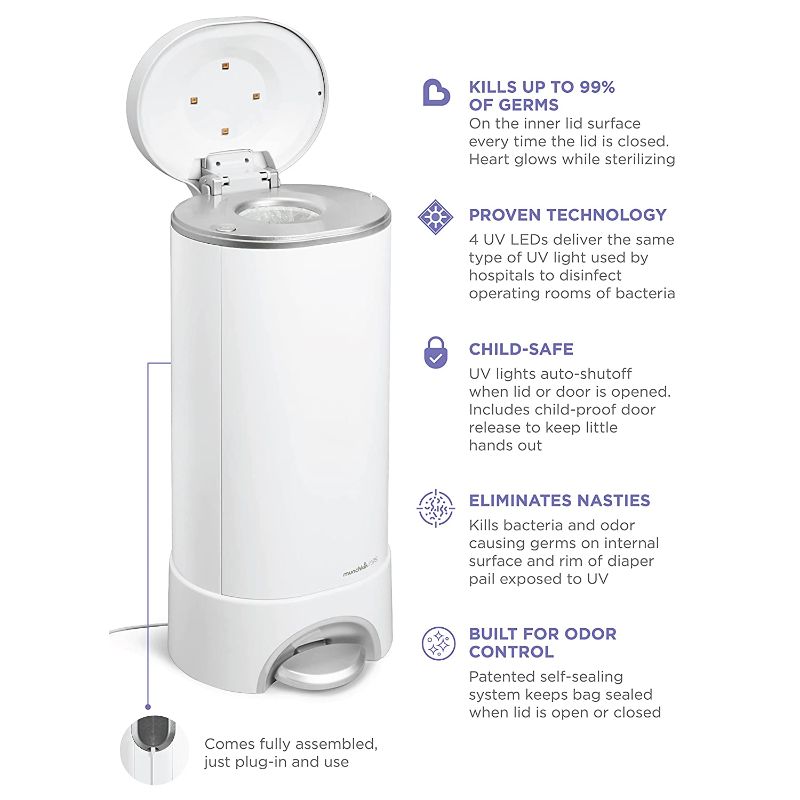 Photo 1 of Munchkin UV Diaper Pail, Kills Odor-Causing Bacteria with Each Use with 2 Additional UV Refill Rings
