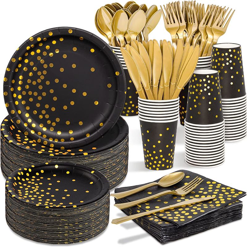 Photo 1 of Black & Gold Party Supplies - 350 PCS Disposable Dinnerware Set Gold Dot Paper Plate Napkin Cup Plastic Fork Knives Spoon for Birthday Retirement Anniversary Class of 2022 Graduation Party Decorations
