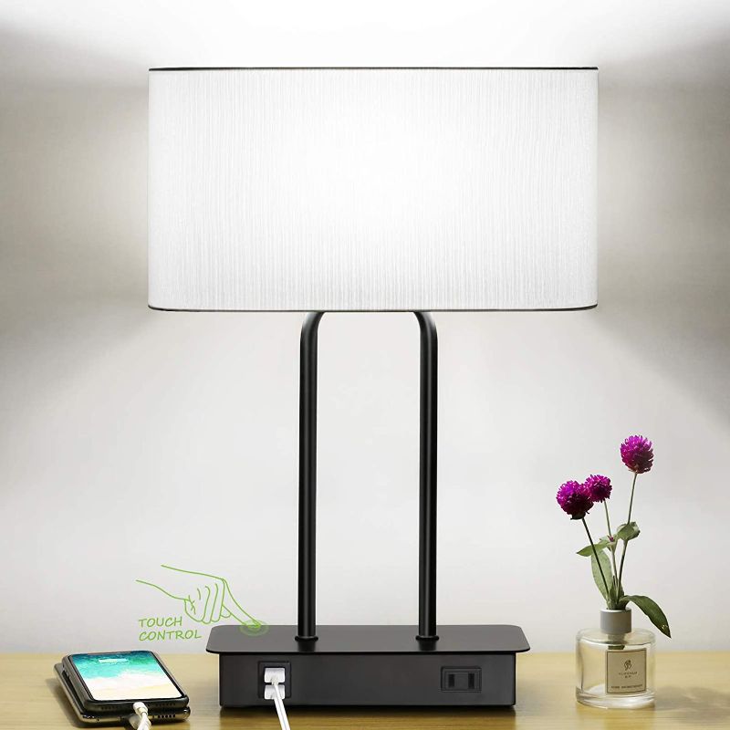 Photo 1 of Bedside  Table Lamp with Dual USB Charging Ports 1 AC Outlet, 3 Way Dimmable Modern Nightstand Lamp with White Fabric Shade, Desk Lamp for Bedroom Living Room Office with 