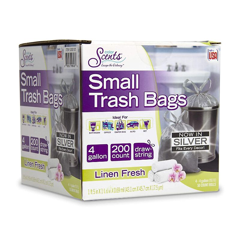 Photo 1 of Color Scents Small Trash Bags - 4 Gallon, 200 Total Bags (1 Pack of 200 Count), Drawstring - Silver Bag in Linen Fresh Scent
