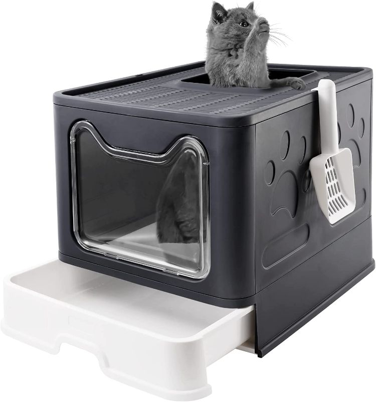 Photo 1 of Bolux Foldable Cat Litter Box with Lid, Extra Large Litter Box with Cat Litter Scoop, Drawer Type Cat Litter Pan Easy to Scoop & Low Tracking ( Dark Grey, 20" L x 16" W x 15" H )
