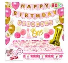 Photo 1 of JOYIN 1st Girl Birthday Supplies Decoration Wild Set (Happy Banners, Hat, Foil Balloon Confetti Balloon, Cake Topper, Plates, Cups, Napkins, Tableware, Pom-poms Balls) for One Baby First Bday Party.
