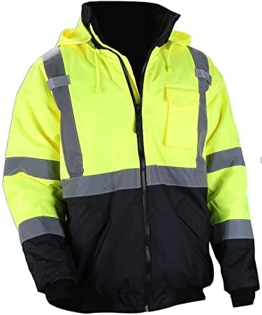 Photo 1 of Men's Bomber Jacket ANSI Class 3 Hi Vis Safety Bomber Waterproof Full Zip Hidden Hooded Jacket Quilted Bottom Work Jacket Black  size 5XL
