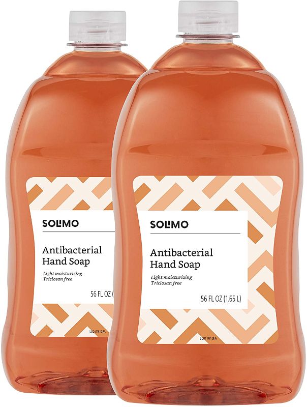 Photo 1 of Amazon Brand - Solimo Antibacterial Liquid Hand Soap Refill, Light Moisturizing, Triclosan-Free, 56 Fluid Ounces, Pack of 2
