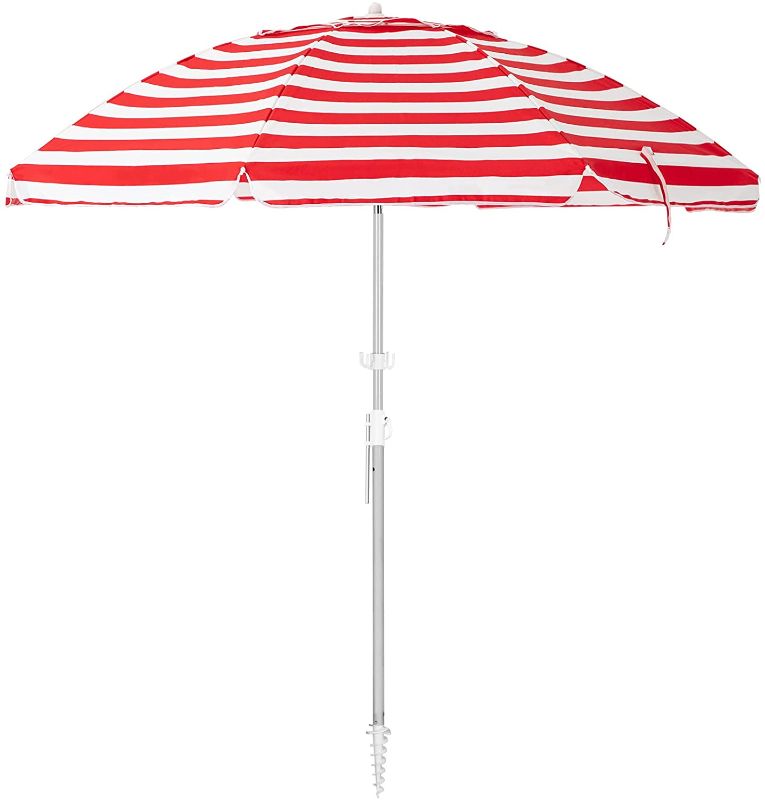 Photo 1 of Bumblr 6.5ft Beach Umbrella with Sand Anchor & Tilt Mechanism Outdoor Sunshade Portable Umbrella with Carry Bag Wind Resistant UV Protection for Sand Heavy Duty Beach Garden Outdoor, Red White Stripe
