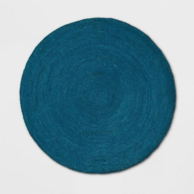 Photo 1 of 5' Round Solid Braided Jute Area Rug Teal Blue - Opalhouse™