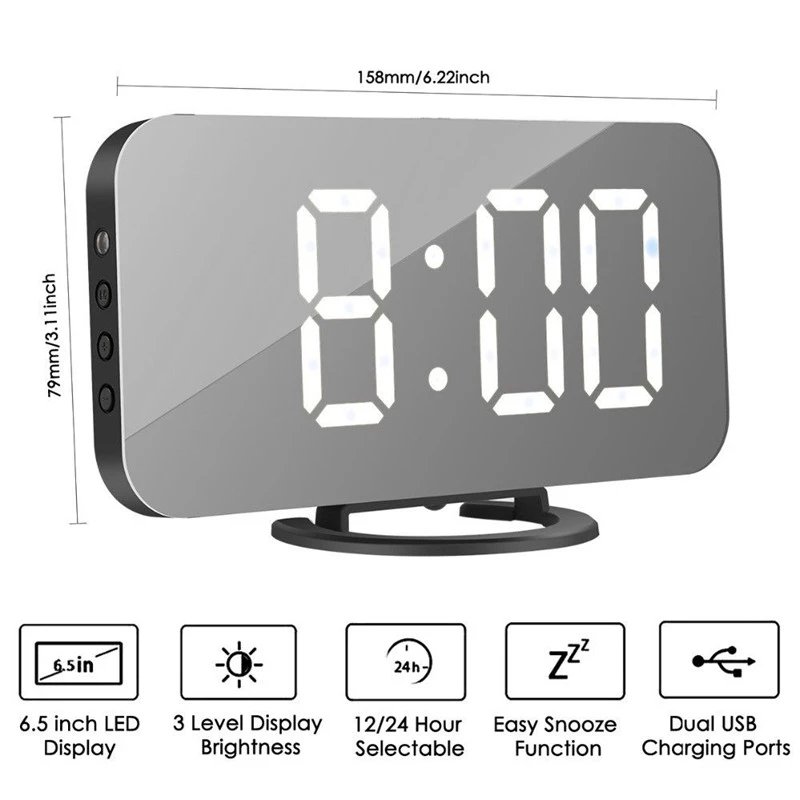 Photo 1 of  6.5inch LED Digital Chargable Mirror Alarm Clock Snooze Electronic Alarm Clock Automantic Dimming Mirror With Dual USB Gold Color