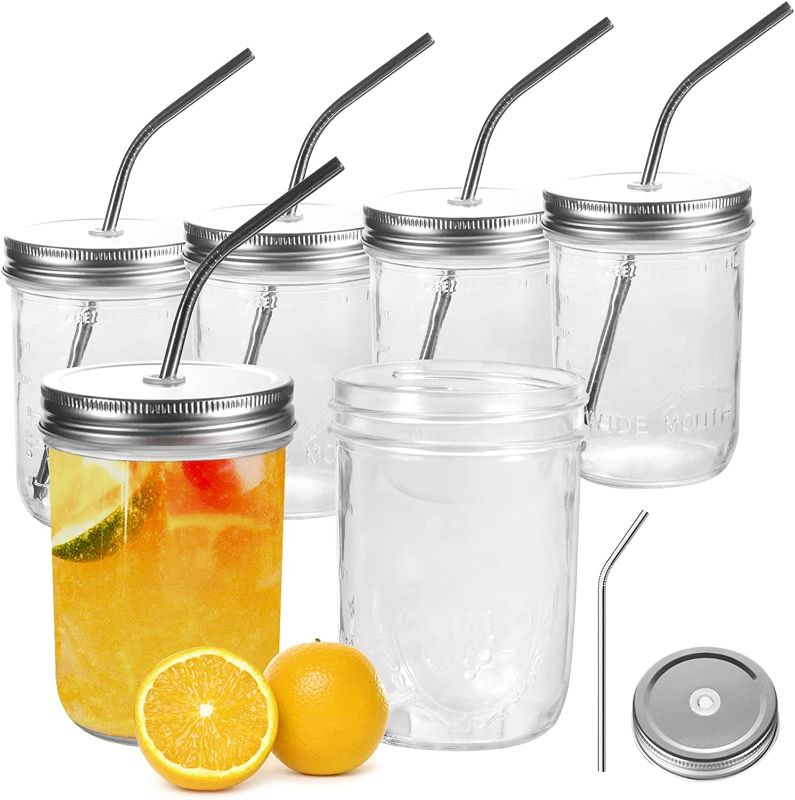 Photo 1 of 6 Pack Mason Jars, OAMCEG Smoothie Cup with Lids, Regular & Wide Mouth Mason Jar, 100% Recycled Sipper Mason Jar Drinking Glasses, STRAWS NOT INCLUDED