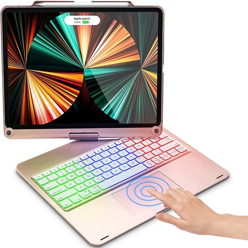 Photo 1 of Keyboard Case with Touchpad for iPad Pro 12.9 inch 5th Generation 2021, Compatible with iPad Pro 12.9-inch 5th Gen 2021 / 4th Gen 2020 / 3rd Gen 2018, Rainbow Backlits, Apple Pencil Holder - Rose Gold