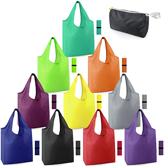 Photo 1 of BeeGreen Reusable-Grocery-Bags-Foldable-Machine-Washable-Reusable-Shopping-Bags-Bulk Colorful 10 Pack 50LBS Extra Large Folding Reusable Bags Totes w Zipper Storage Bag Lightweight Polyester Fabric
