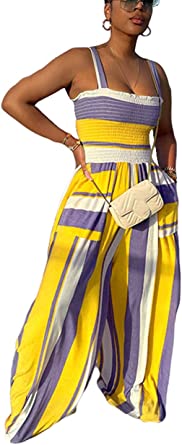 Photo 1 of bluewolfsea Women Summer Strappy Colorful Striped Smocked Wide Leg Jumpsuit with Pockets Long Romper Pants
SIZE SMALL 