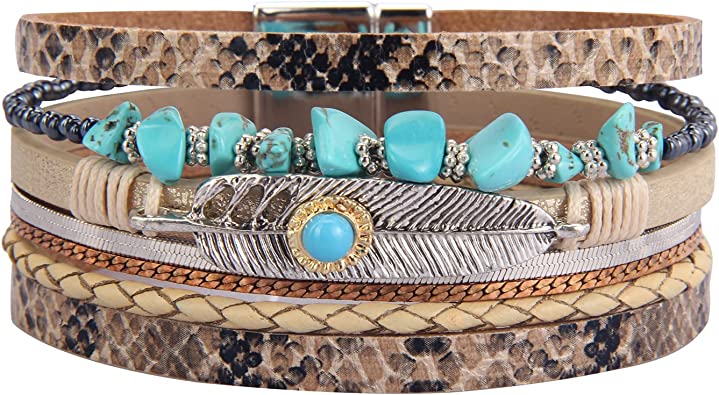 Photo 1 of GelConnie Womens Leather Cuff Bracelet Feather Multi Strand Bracelet Wrap Bracelet Turquoise Boho Bangle Braided Leather Wristbands Bohemian Jewelry Gifts for Women Teen Girls Wife Sister
