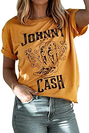 Photo 1 of Cash T-Shirt Women Long Boots Graphic Short Sleeve Tees Loose Top Country Music Party Shirt Blouse Tee
SIZE M 