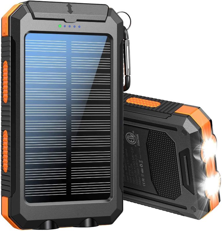 Photo 1 of Solar Power Bank 36800mAh Portable Solar Charger 5V3.1A,18W PD QC 3.0 Dual 2 USB,LED Flashlights Port Strong LED IPX7 Flashlight,Waterproof, Dustproof, Shockproof (Orange)
