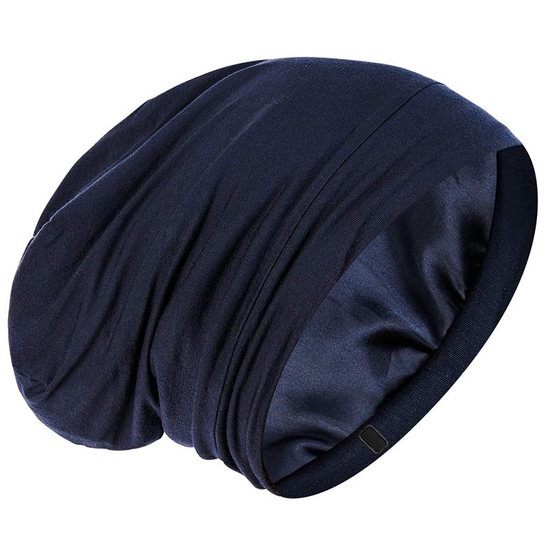 Photo 1 of Silky Satin Lined Bonnet Sleep Cap - Adjustable Stay on All Night Hair Wrap Cover Slouchy Beanie for Curly Hair Protection for Women and Men - Solid Navy

