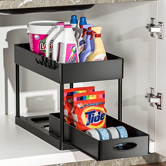 Photo 1 of 2-Tier Sliding Cabinet Basket Organizer Drawer, Multi-Purpose Under Sink Organizers and Storage for Bathroom Kitchen Under Bathroom Sink Organizer with Hooks The Bottom Slide Out Basket with A Handle
