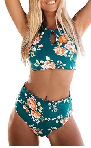 Photo 1 of SEASELFIE Women's High Neck Scalloped Swimsuits 2 Piece Halter Floral Bikini Bathing Suits with High Waisted Bottom
