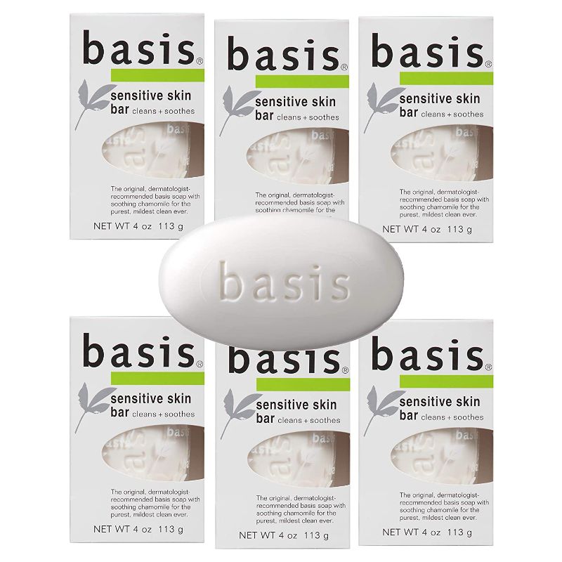 Photo 1 of Basis Sensitive Skin Bar Soap - Body Wash Bar Cleans and Soothes with Chamomile and Aloe Vera - 4 oz. Bar Soap (Pack of 6)
