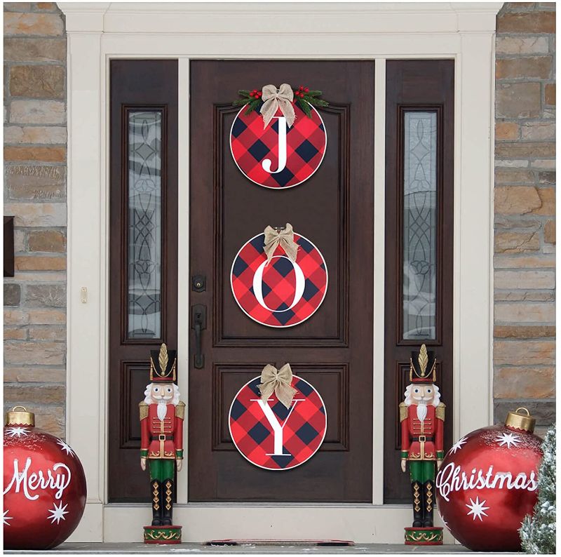 Photo 1 of Christmas Door Stairs Decorations Outdoor - Christmas Front Door Decor Sign for Home, Christmas Door Wreath for Outdoor Front Door Porch Outside Window Farmhouse Wall Outdoor Fireplace Yard, Red Black

