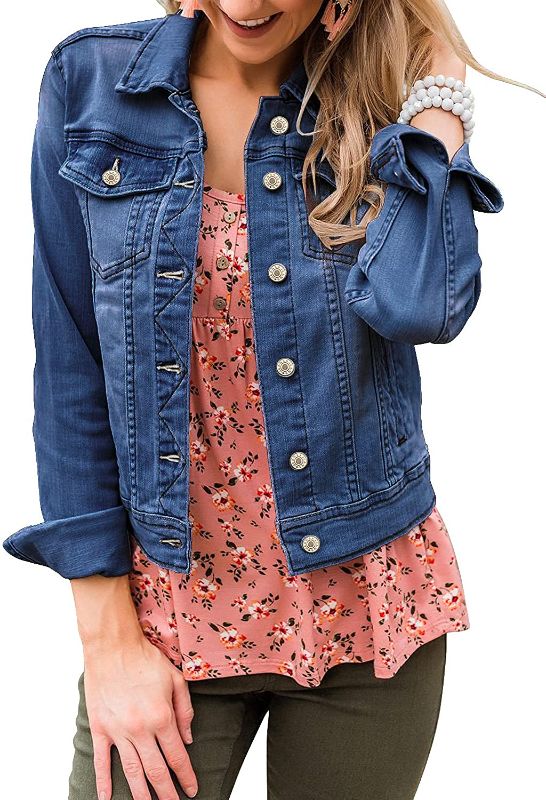 Photo 1 of LUYEESS WOMENS CASUAL LONG SLEEVE BUTTON DOWN POCKETS BASIC STRETCH DENIM JACKET (SMALL)