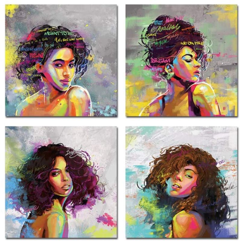 Photo 1 of African American Wall Art Afro Woman Painting on Canvas Print Pop Black Woman Wall Pictures for Living Room Bedroom Wall Decor 12 x 12 Inches 4 Pieces
