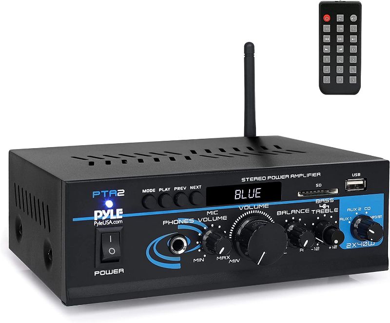 Photo 1 of Pyle Home Audio Power Amplifier System - 2X40W Bluetooth Mini Dual Channel Mixer Sound Stereo Receiver Box w/ AUX, Mic Input - For Amplified Speakers, PA, CD Player, Theater via RCA, Studio Use - PTA2
