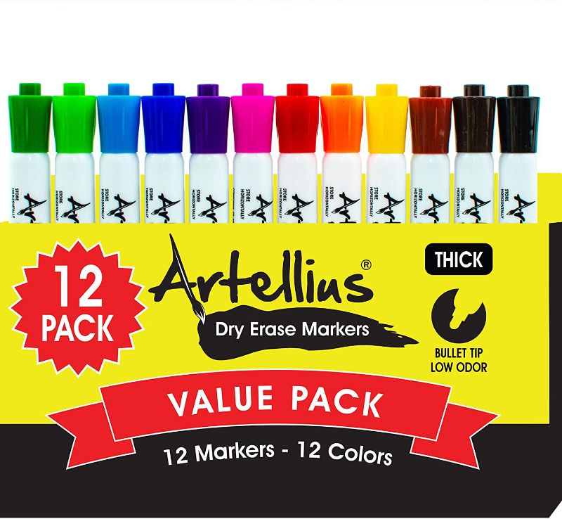 Photo 1 of 2 PACK Dry Erase Markers (12 Pack of Assorted Colors) Thick Barrel Design - Perfect Pens For Writing on Whiteboards, Dry-Erase Boards, Mirrors, Windows, & All White Board Surfaces
