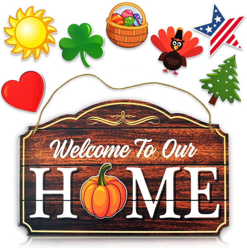 Photo 1 of Bigtime Signs Welcome to Our Home Brown Wood Grain Print Door & Wall Decor 8 Interchangeable Holiday Magnets Halloween, Easter, Fall, Christmas, Valentines - Front Porch Hanging Plaque Decoration
