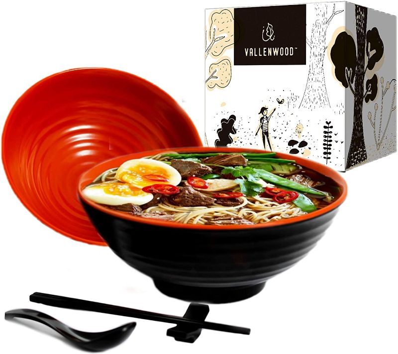 Photo 1 of 2 Ramen Bowl Sets. 8 pieces, Melamine Large Noodle Bowls Set By Vallenwood. Asian, Chinese, Japanese or Pho Soup 37oz. With Spoons, Chopsticks and Stands. Complete Dinnerware. Thai Miso Udon wonton.
