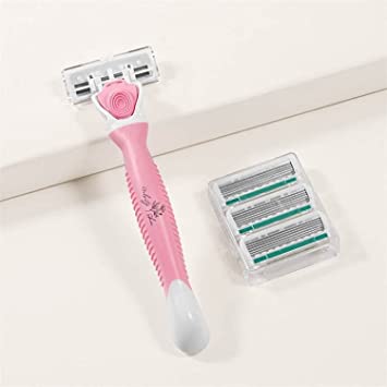Photo 1 of Velvety Skin Women's Razor 6 Blades- 1 Handle with 4 Cartridges- Plastic Travel Case- Moisturizing Strip for Smooth Skin- Comfortable Handle (Pink Lace) 4PACK
