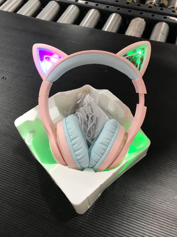 Photo 1 of iClever Cat Ear Bluetooth Headphones RGB LED Light Up Over Ear with Microphone, 74/85/94dB Volume Limiting Comfort Foldable Wireless Headset for PC/Tablet/TV Kids Girls & Boys Teens, BTH13 Pink
