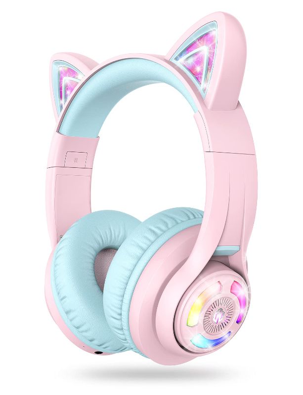 Photo 1 of iClever Cat Ear Bluetooth Headphones RGB LED Light Up Over Ear with Microphone, 74/85/94dB Volume Limiting Comfort Foldable Wireless Headset for PC/Tablet/TV Kids Girls & Boys Teens, BTH13 Pink
