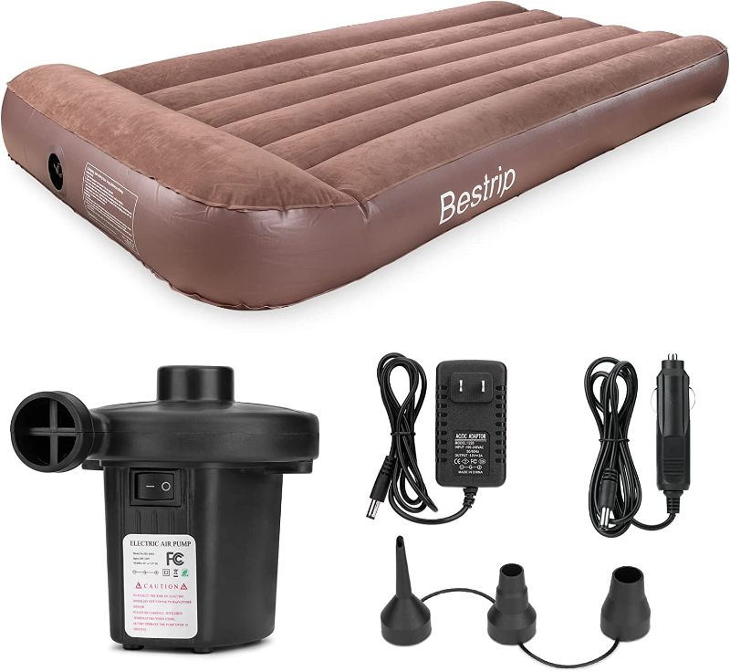 Photo 1 of Bestrip Air Mattress Twin Size Inflatable Bed with Electric Air Pump Single Camping Blow Up Mattress, Camping Accessories (Brown)
