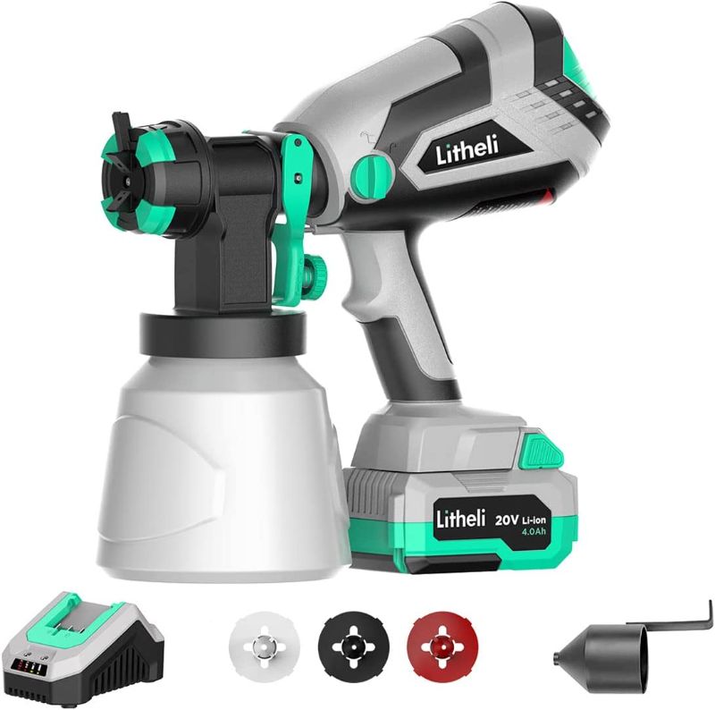 Photo 1 of Litheli HVLP Paint Sprayer, 20V Paint Sprayers for Home Interior and Exterior, Cordless Paint Gun with 3 Patterns & 3 Nozzles for Car, Deck, Fence, Furniture, with 4.0 Ah Battery & 2.4 A Fast Charger -missing Charger and Battery
