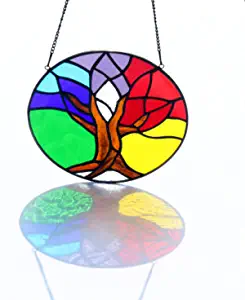 Photo 1 of BOXCASA Tree of Life Stained Glass Window Hangings,Tree of Life Suncatcher Round Stained Glass Panel,Rainbow Tree of Life
