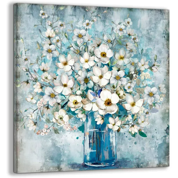 Photo 1 of Bathroom Decor Canvas Wall Art Framed Wall Decoration Modern Gallery Wall Decor Print White Flower In Blue Bottle Theme Picture Artwork for Walls Ready To Hang for Kitchen Bedroom Decor
