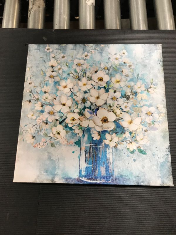 Photo 2 of Bathroom Decor Canvas Wall Art Framed Wall Decoration Modern Gallery Wall Decor Print White Flower In Blue Bottle Theme Picture Artwork for Walls Ready To Hang for Kitchen Bedroom Decor
