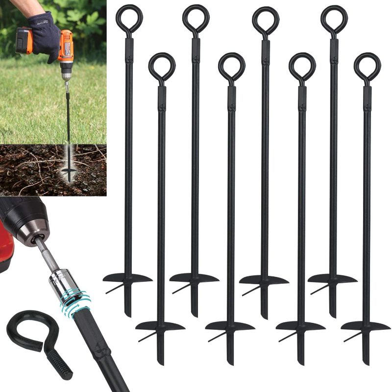 Photo 1 of Ashman Black Ground Anchor 15 Inches in Length and 10MM Thick in Diameter , Ideal for Securing Animals, Tents, Canopies, Sheds, Car Ports, Swing Sets (Ground Anchor Drill 8 Pack)
